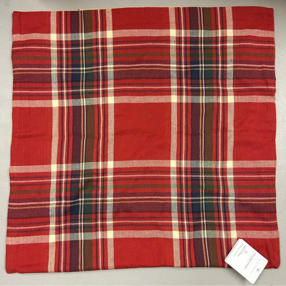 Pottery Barn Love Script Reversible Tan Red Plaid Pillow Cover Cotton Linen NWT